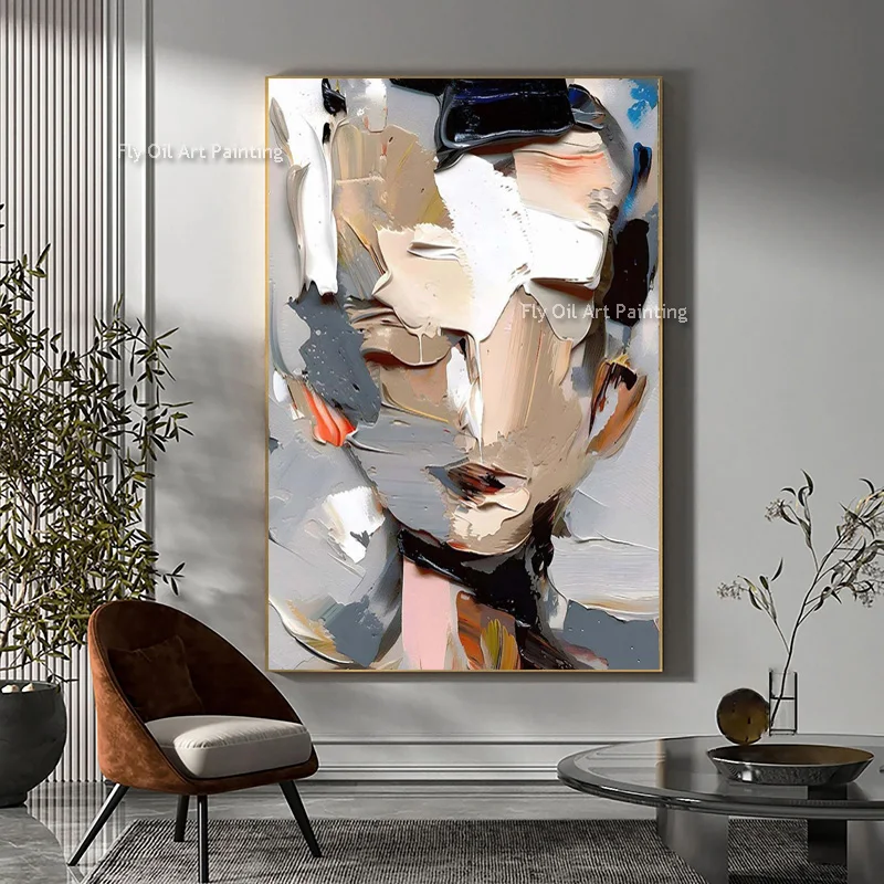 Palette Knife Canvas Art Painting Large Frameless Hand Painted Thick Texture Abstract Face Oil Painting Modern Artwork Decor