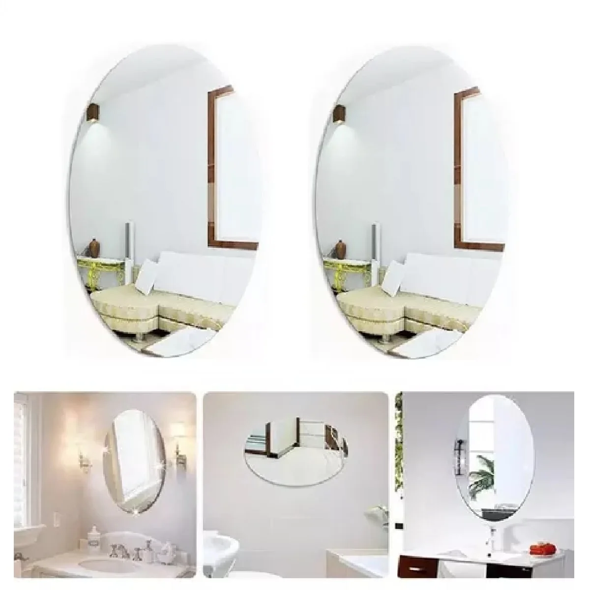 Kit 2 Oval Sticker Mirrors 30x20cm Living Room Bathroom Bedroom