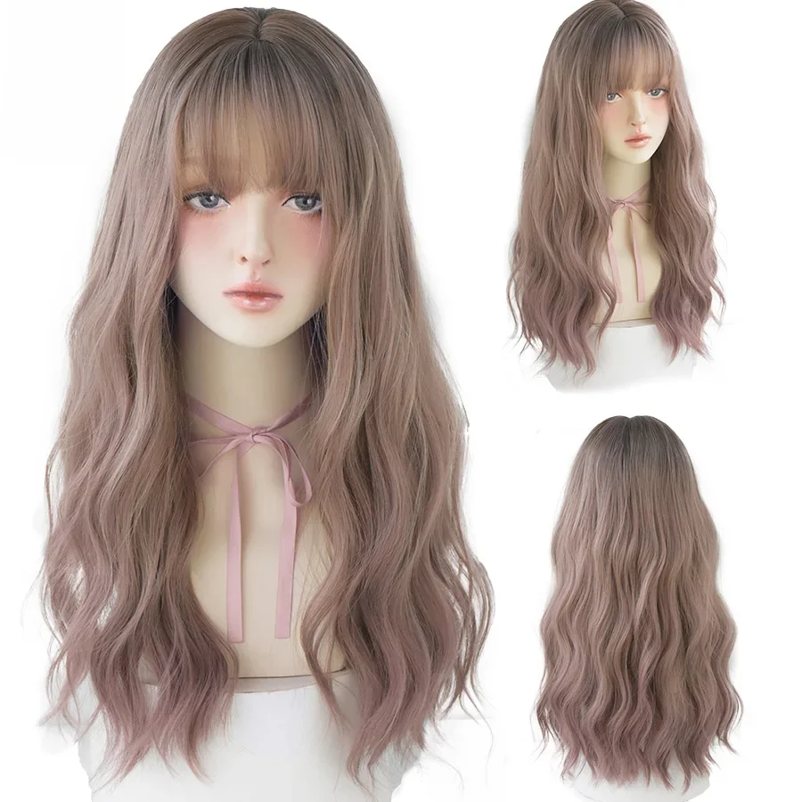 7JHH WIGS Harajuku Pink Brown Lolita Wig Long Two Colors Realistic Cosplay Wigs With Bangs For Women Wavy Wigs Synthetic Hair — zdjęcie 2