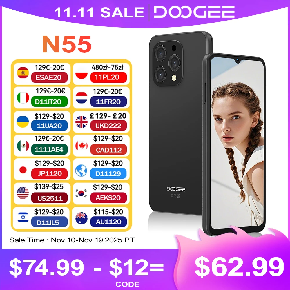 Смартфон DOOGEE N55 9 ГБ (4 ГБ + 5 ГБ) + 128 ГБ, разблокировка по лицу, 6,56-дюймовый экран IPS с частотой 90 Гц, 5150 мАч, тройная камера UNISOC T606 AI на Android 14 Смартфон DOOGEE N55 9 ГБ (4 ГБ + 5 ГБ) + 128 ГБ, разблокировка по лицу, 6,56-дюймовый экран IPS с частотой 90 Гц, 5150 мАч, тройная камера UNISOC T606 AI на Android 14