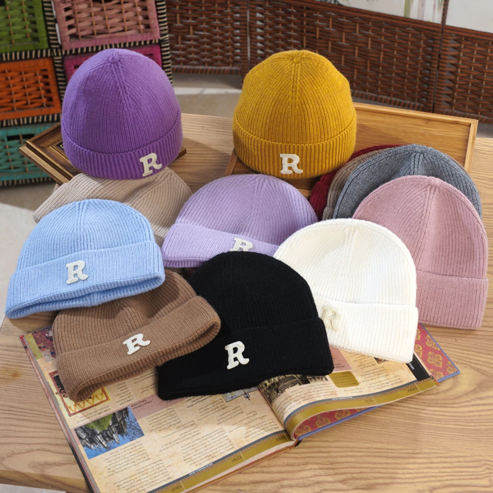 

Hat new style warm R standard wool hat unisex Korean style trendy all-match knitted hat landlord melon skin hat men wholesale ша