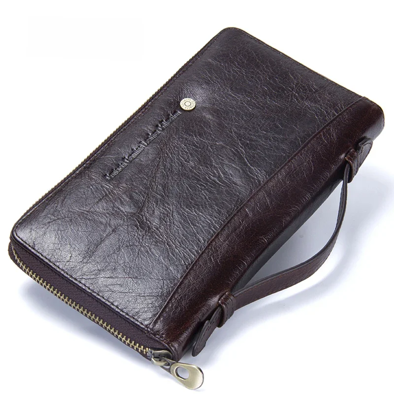 Contact's Cow Leather Men Casual Clutch Wallet Card Holder Zipper Purse With Passport Holder Phone Case For Male Long Wallet — zdjęcie 2