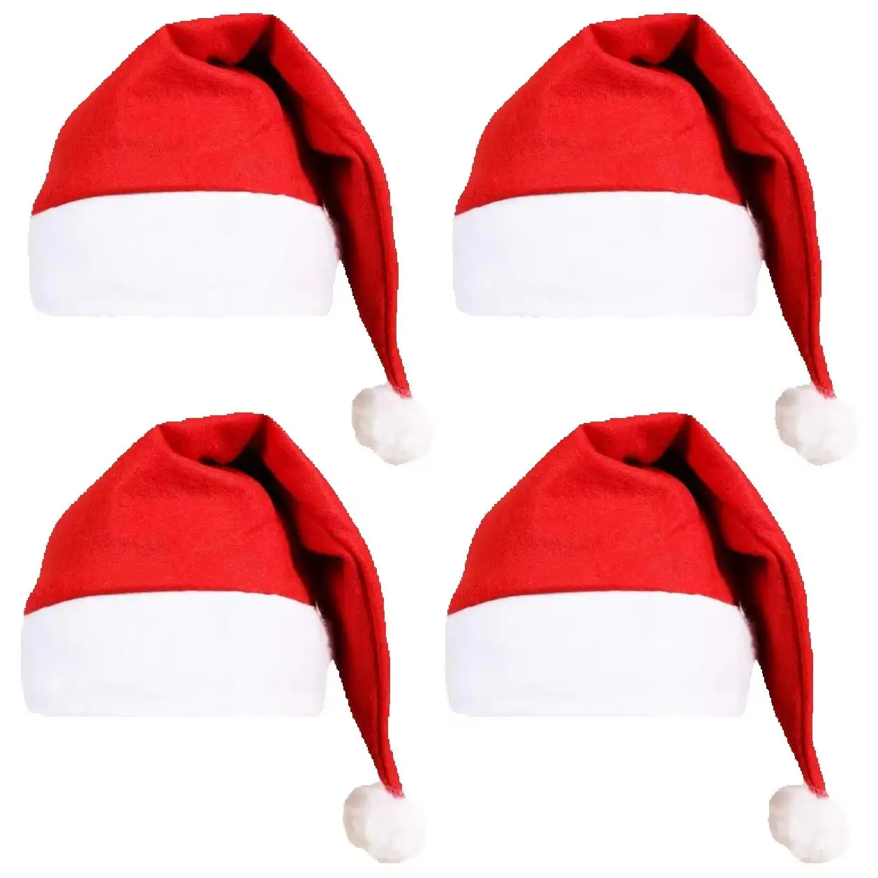 Adults Santa Hat - Pack of 4 - Red Felt Santa Claus Father Christmas Hat - Red Xmas Hat With White Trim & White Bobble