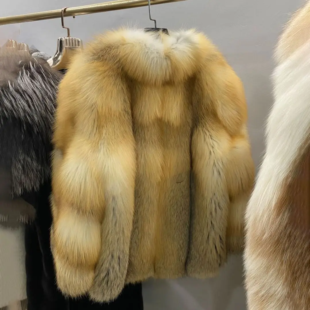 Mid-länge Echt Gold Insel Fuchs Pelzmantel Runde Kragen Hohe Qualität Frauen Mode Echte Volle Pelt Fuchs Pelz mäntel Luxus Outwear