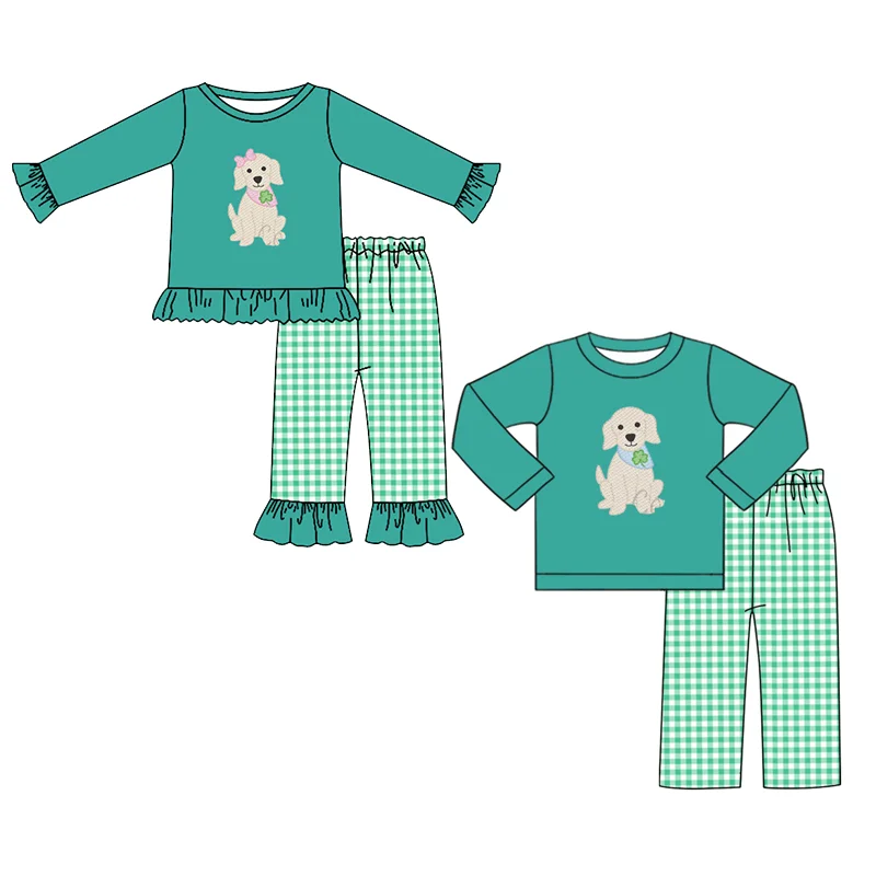 Boutqiue St. Patrick's Day Toddler Set Cute Dog Shamrock Print Long Sleeve Plaid Pants Set for Boys and Girls