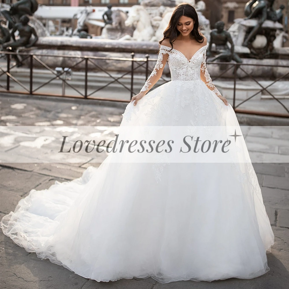 

Exquisite A Line Long Sleeve Appliques Wedding Dress for Brides Button Back Chapel Train Lace Tulle Bridal Gown Vestido De Novia