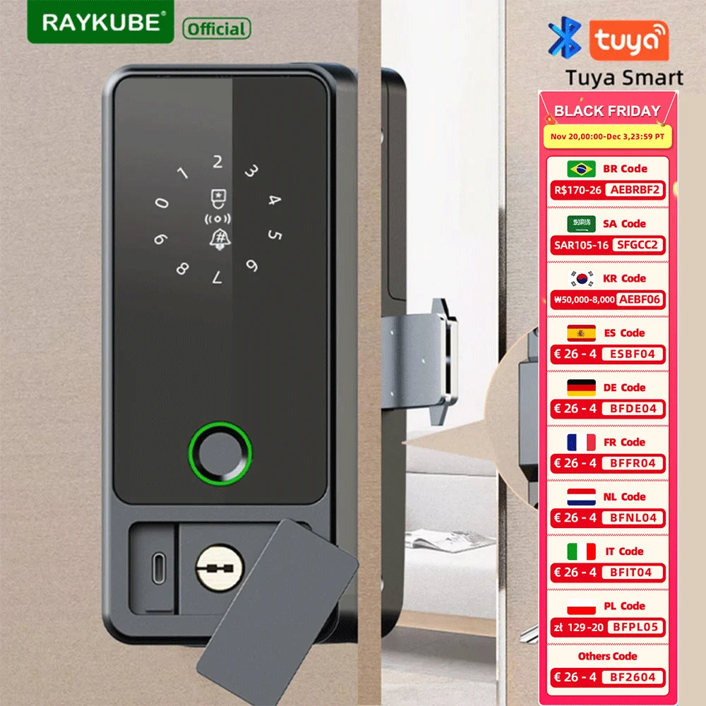 New RAYKUBE G18 Tuya Bluetooth Smart Glass Lock Fingerprint Electronic Digital Lock APP/IC Card/Password Unlock For Glass Door
