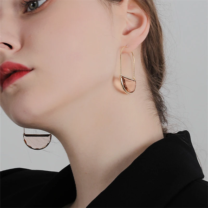 HANGZHI Exaggerated Transparent Multicolor Crystal Glass Half Circle Pendant Earrings Personality Hoop Earrings 2022 INES New