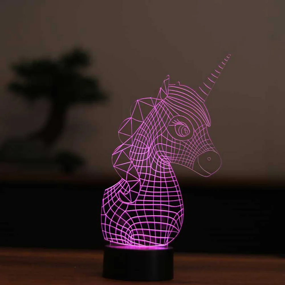 Unicórnio 3d ilusão acrílico lâmpada led 12 volts adaptador de luz do dia design base madeira presente para os amantes animais decoração festa natal