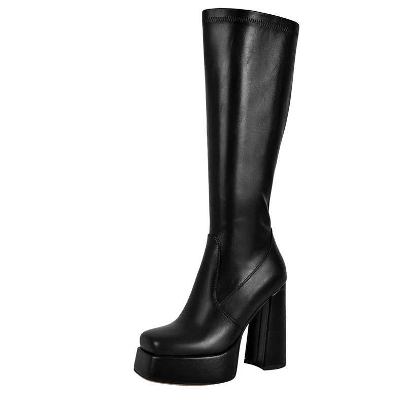 Onlymaker Women Square Toe Platform  Knee High Boots Classic Big Size Winter Black Matte Lady  Side Zipper Punk Boots