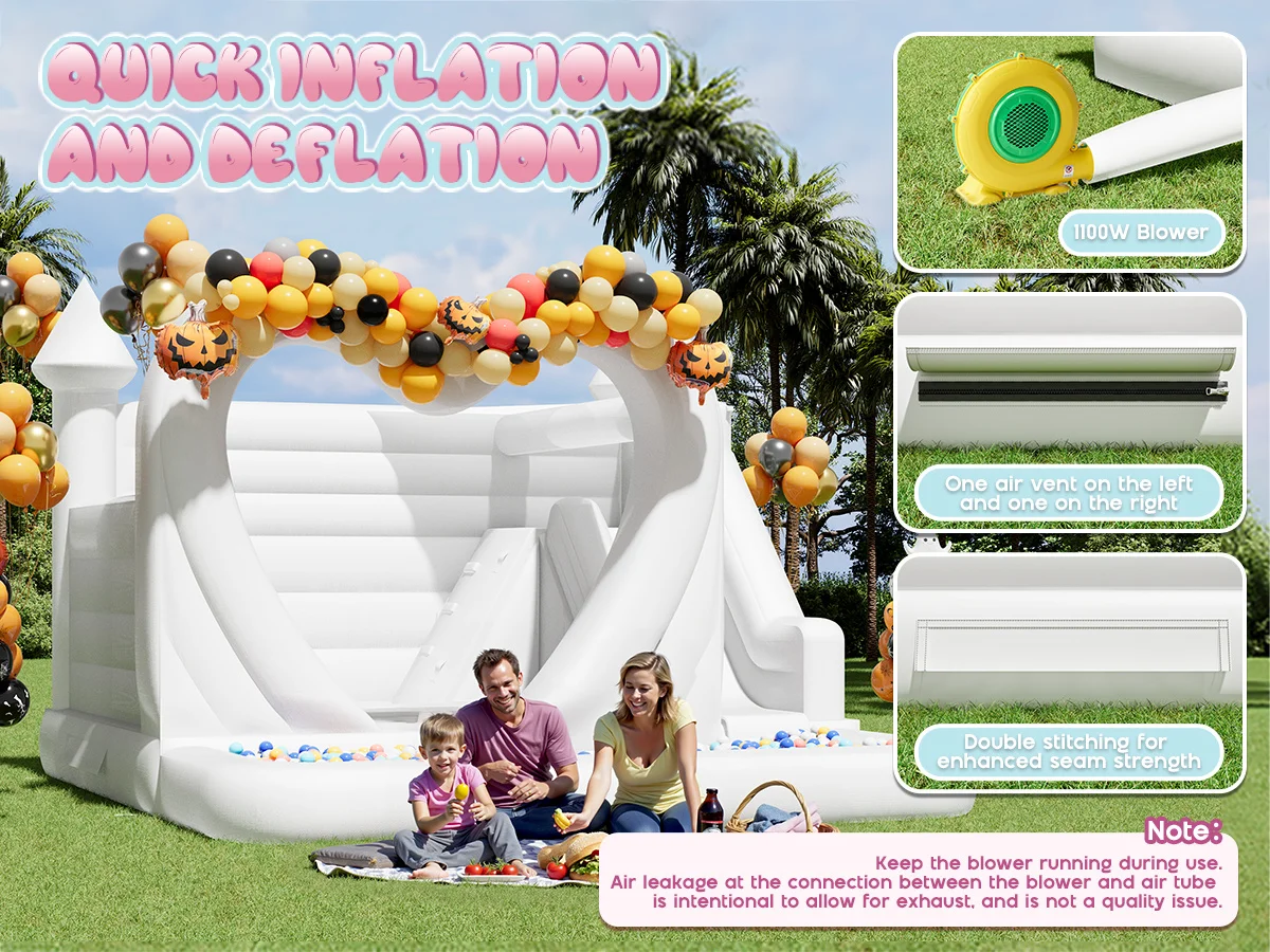 New Heart Shape White Bounce House with Ball Pit & Slide15FTPVC Wet &Dry Inflatable White Castle with Blower for Wedding Party