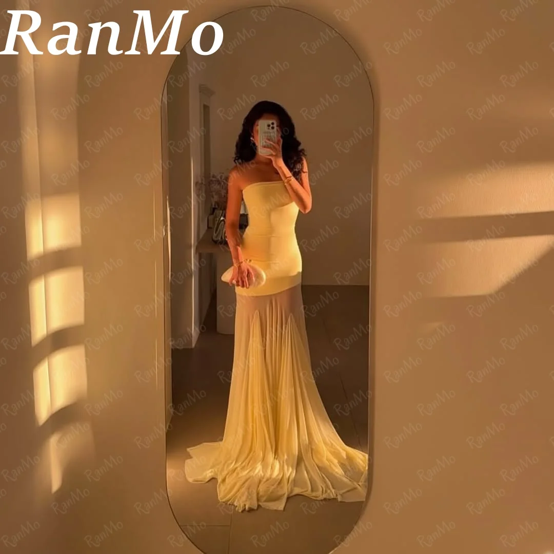 Ranmo Yellow chiffon Evening Dress Strapless Mermaid Prom Party Dresses Sexy two-piece set Arabic Eid Prom Gowns Customized 2025