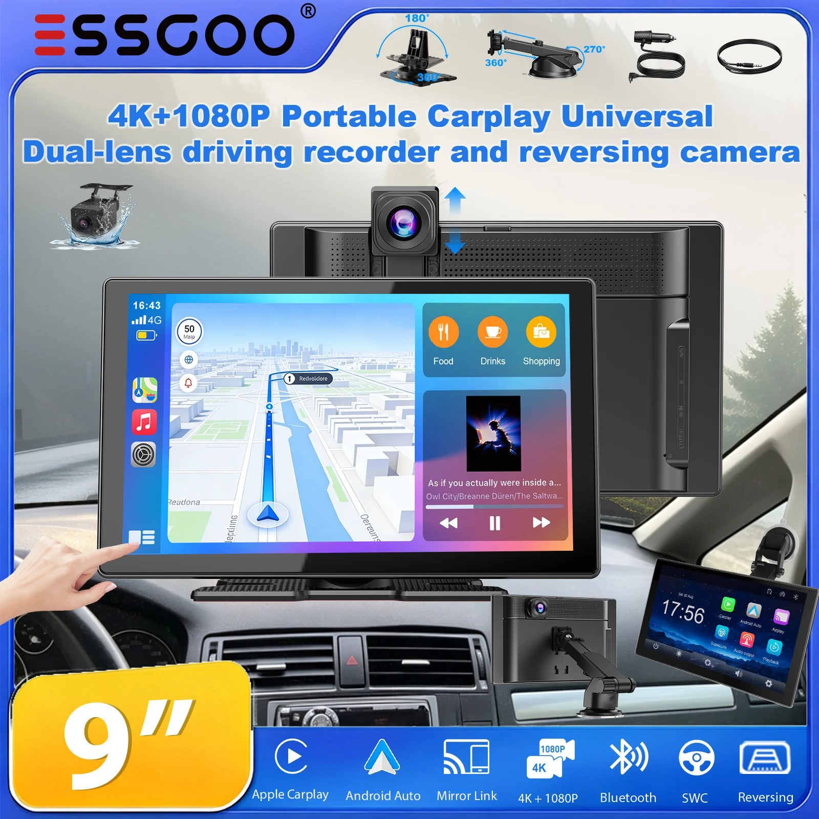 ESSGOO 9" Autoradio 4K+1080P Tragbarer Carplay Universal Android Auto Universeller Dual-Lens-Fahrrekorder und Rückfahrkamera mit Nachtsicht, kabellosem CarPlay, WiFi, FM, Bluetooth 5.3, AUX, Mirror