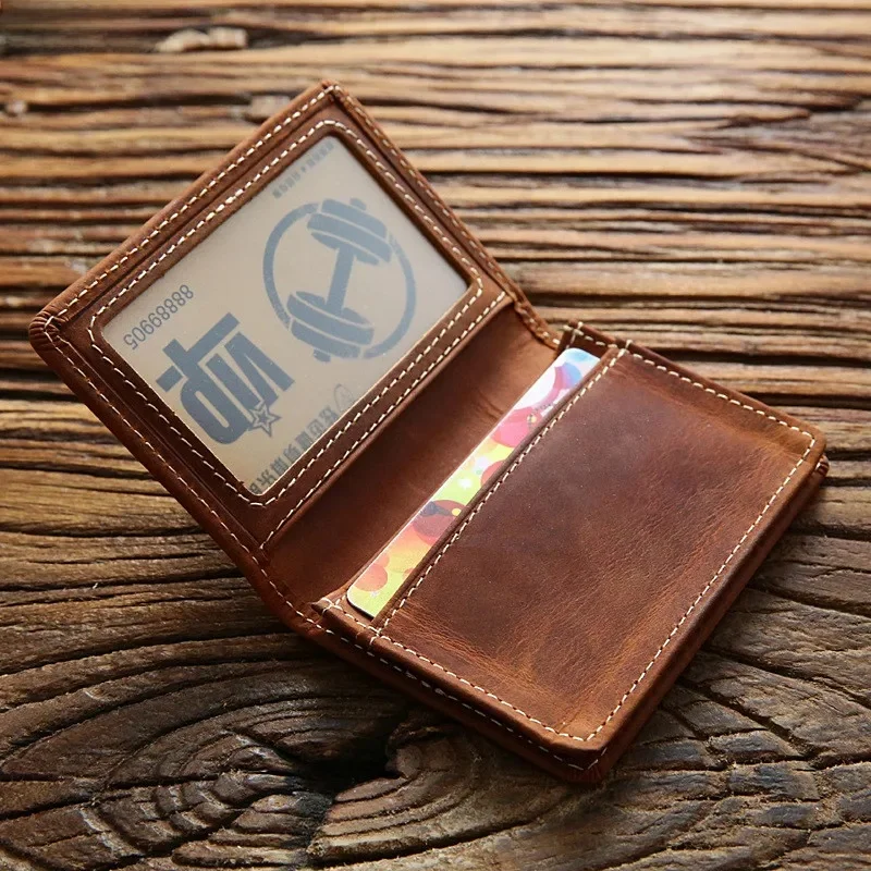 100% oryginalne skórzane etui na karty kredytowe dla mężczyzn mężczyzna rocznika Crazy Horse Handmade krótki identyfikator firmy Case mały wąski portfel kiesy — zdjęcie 2