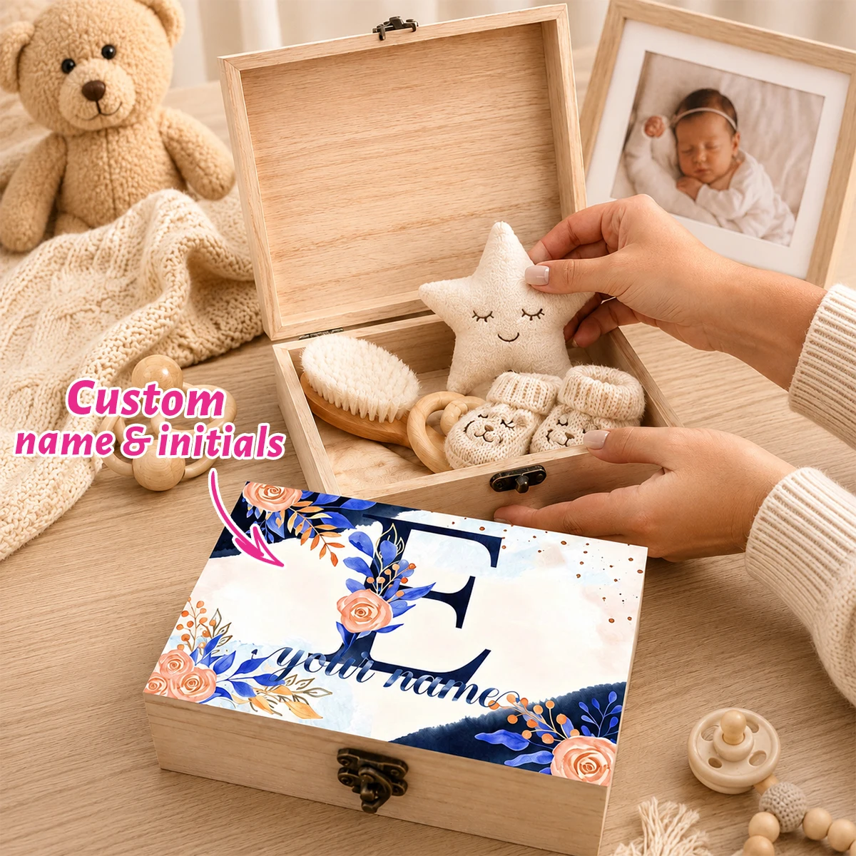 Custom Wooden Keepsake Box, Personalized Memory Box, Floral Initial Storage, Customized Name Gift.