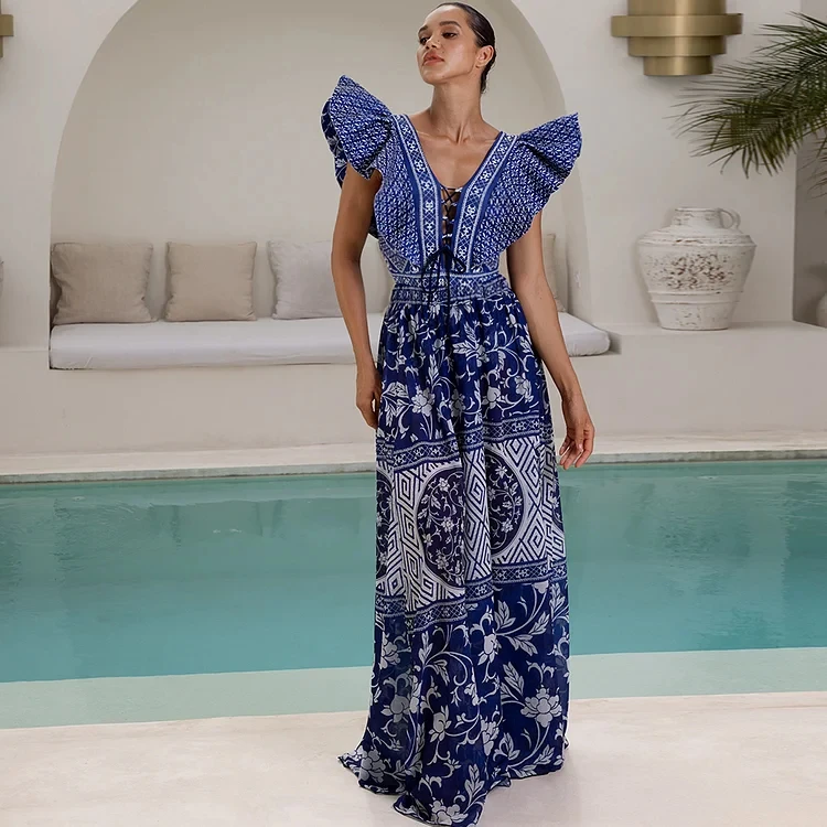 Conjunto de maiô de uma peça estampado azul feminino, decote V, plissado, moda praia, fato de banho, moda praia, férias, novo, 2022