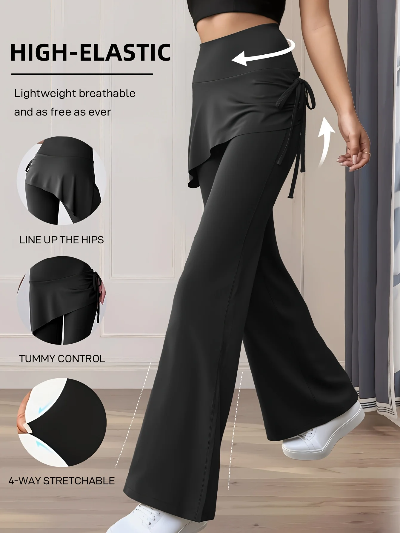 Women's Summer and Spring Flared Skirt Pants - Side Drawstring Design - High-Waisted Fitness Pants - Suitable for Cycling, Yoga