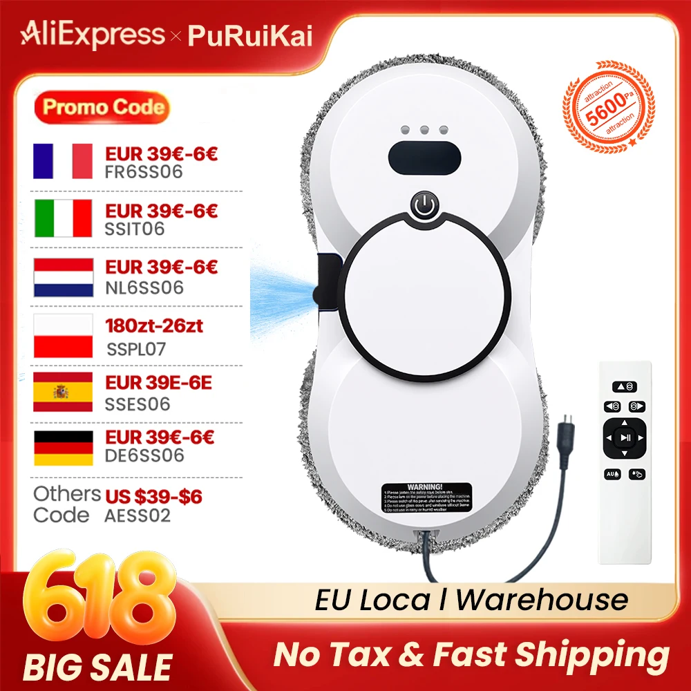 Robot nettoyeur de vitres PuRuiKai, pulvérisateur d'eau, aspirateur, télécommande, électrique, essuie-glace domestique, double fonction automatique