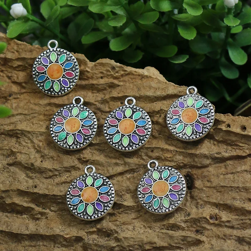 10Pcs/Lot Bohemian Jewelry Pendant Round Enamel Flower Charm Metal DIY Making Earrings Jewelry Materials Evil Eye Pendant