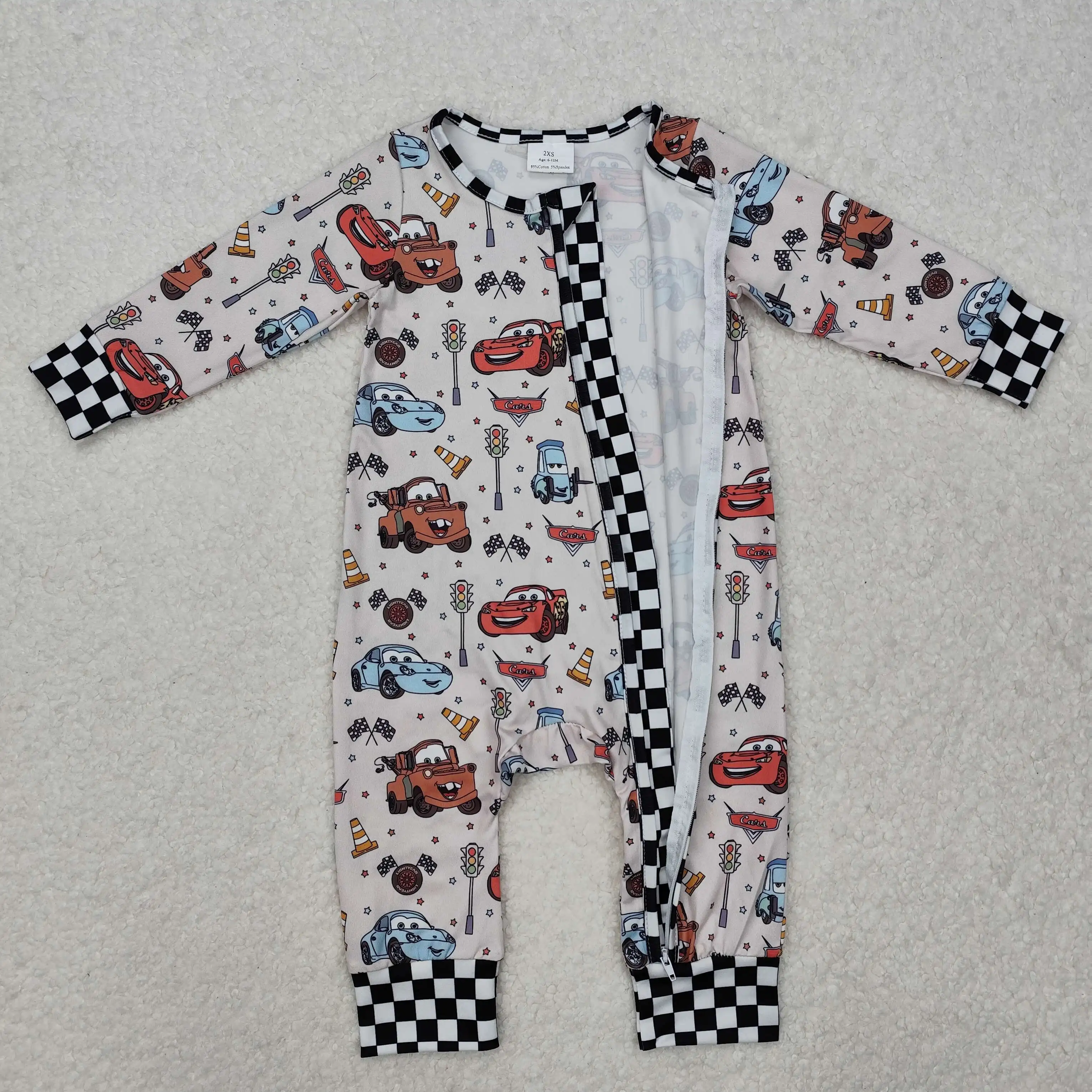 Summer Hot Sale Baby Infant Boys Cars Racing Flag Zip Rompers Wholesale Boutique Children Clothes Bodysuit