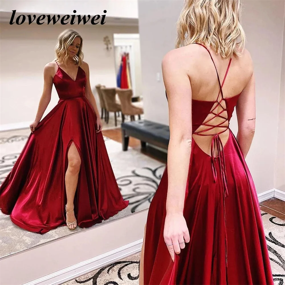 Custom Color Evening Dresses A Line Long Prom Dress V Neck Lace Up Back Spaghetti Strap Satin High Split Burgundy Evening Gowns