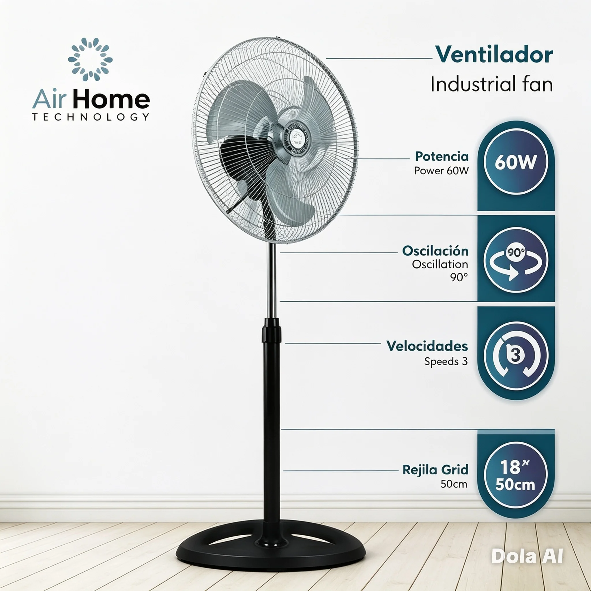 Ventilateur sur pied industriel 18 pouces, ventilateur sur socle 60W, 3 vitesses, 90 °   Ventilateur sur pied oscillant pour la maison, le bureau et l