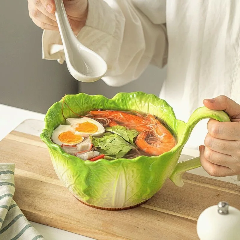 

Creative Chinese Cabbage Shaped Crank Ceramic Salad Bowl Breakfast Cup with Spoon Instant Noodle Soup Household Kitchen Utensils