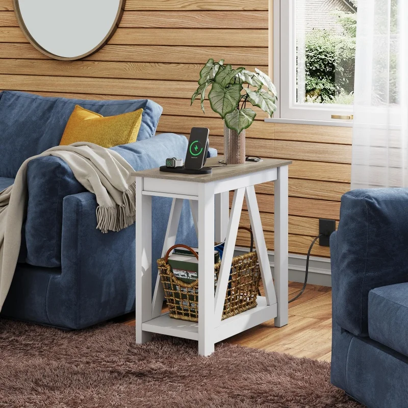 

GALAXHERO Farmhouse End Table Narrow Side Table Charging Station Slim for Bedroom Living Room Small Spaces 2 USB 2 Power Outlets