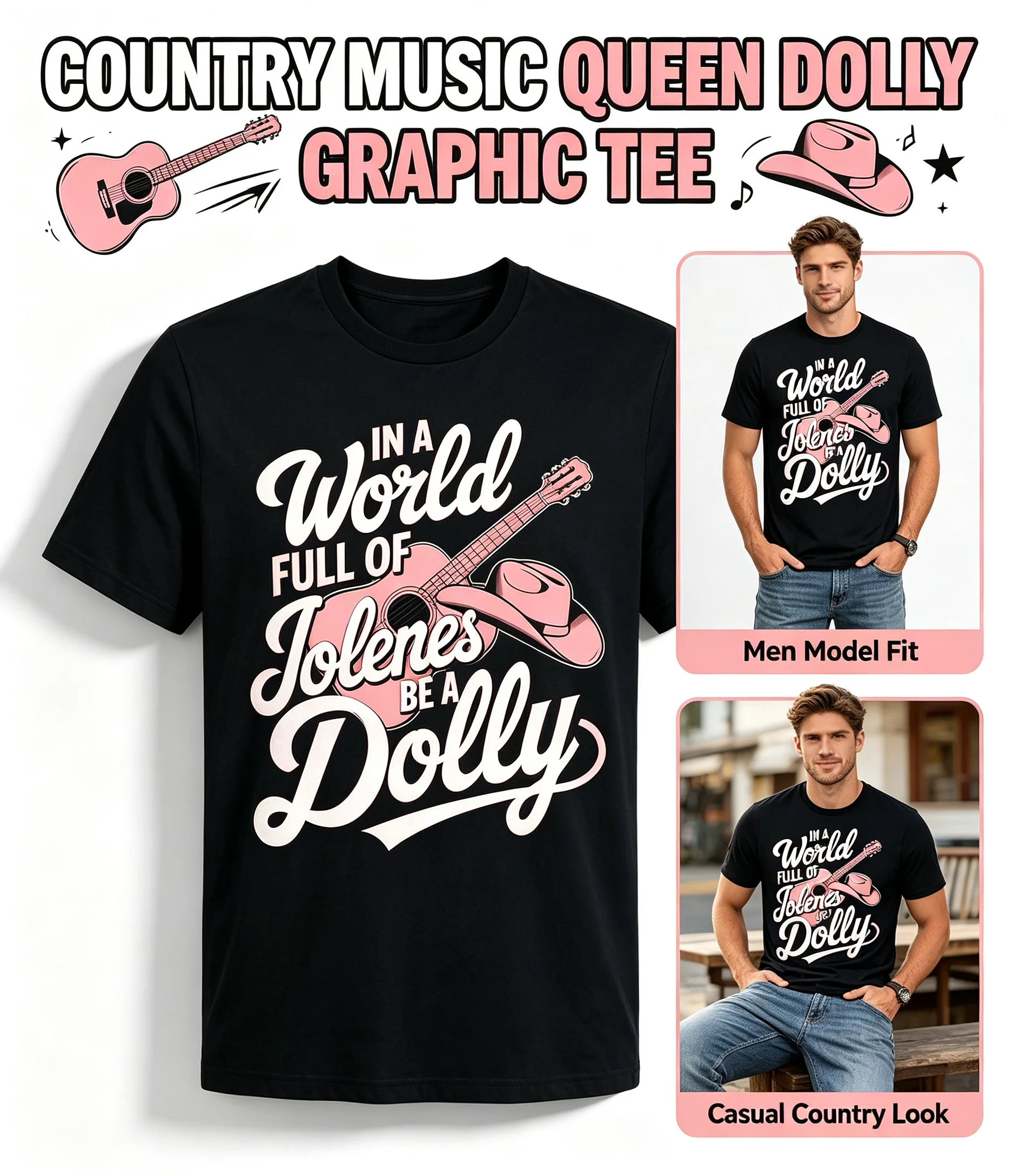 Men's Retro Country Music Graphic T-Shirt, In A World Full Of Jolenes Be A Dolly Guitar Cowboy Hat Print Round Neck Short Sleeve Tee, Black Regular Fit Soft Western Slogan Streetwear Top