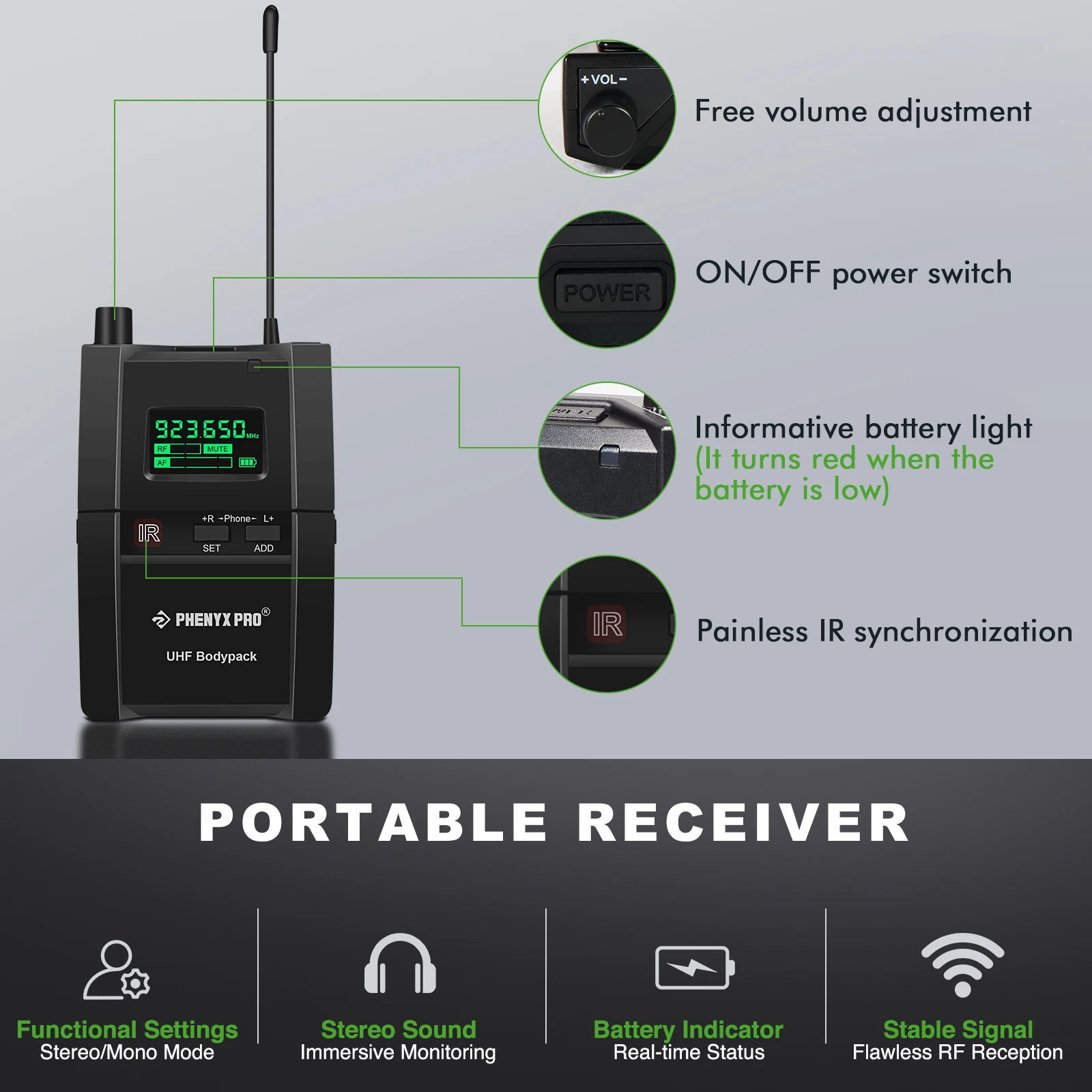 Imagem -05 - Sistema Monitor In-ear sem Fio Uhf Stereo Audio Transmissor e Receptor Body Ypack Metal Phenyx Pro Ptm10 900mhz 500mhz