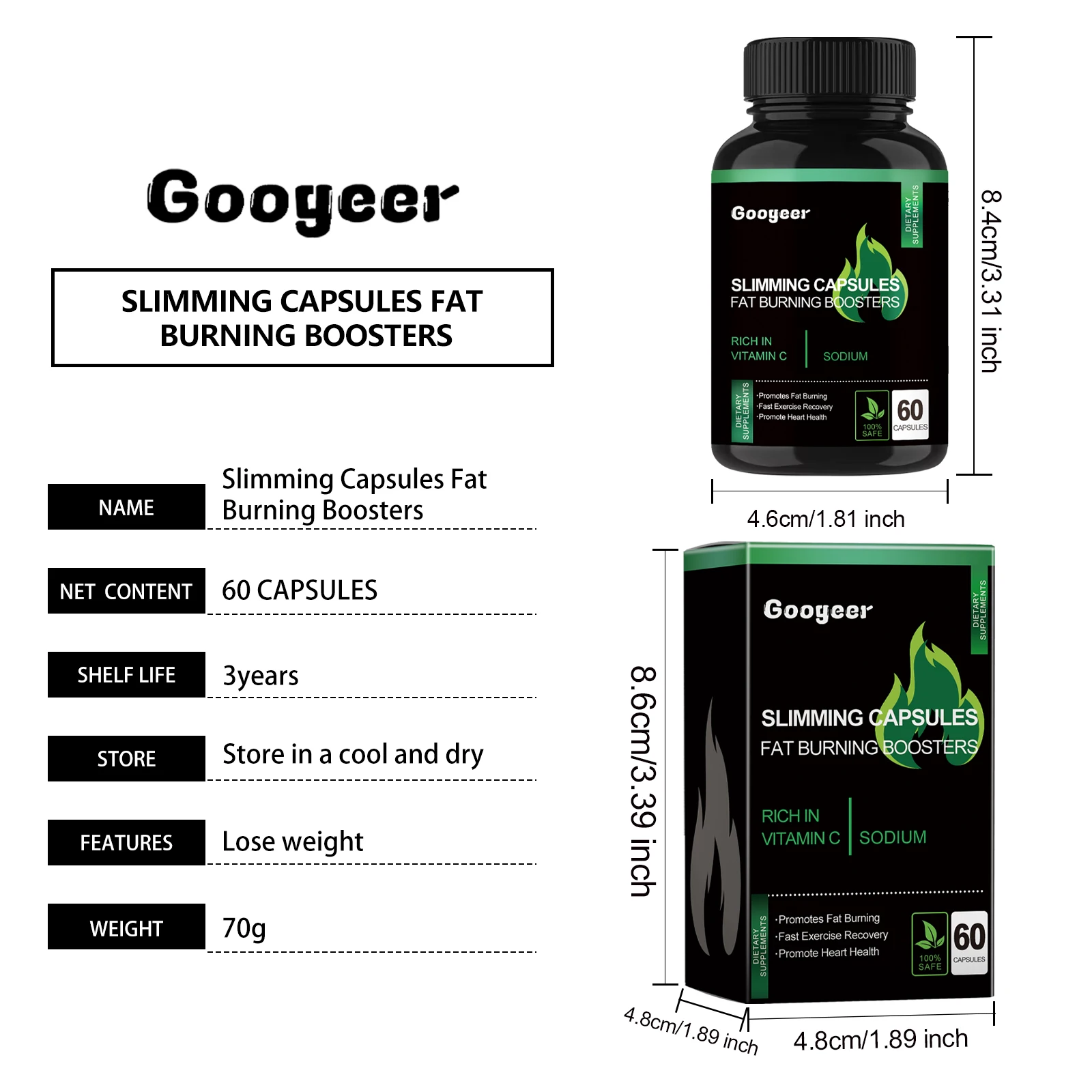 Googeer 60 قطعة كبسولات التخسيس الجسم حرق الدهون إزالة السيلوليت الرعاية الصحية الطاقة المكملات الغذائية كبسولات فقدان الوزن