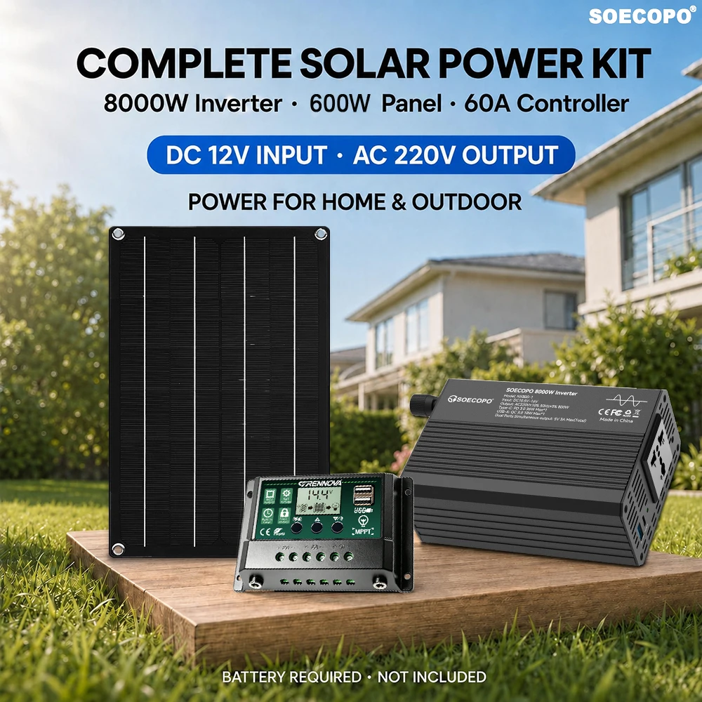 SOECOPO Complete Solar Kit for Weekend Retreat 800W Rated Output 12V 220V Inverter 5V 3A USB Controller Panel Cables Accessories