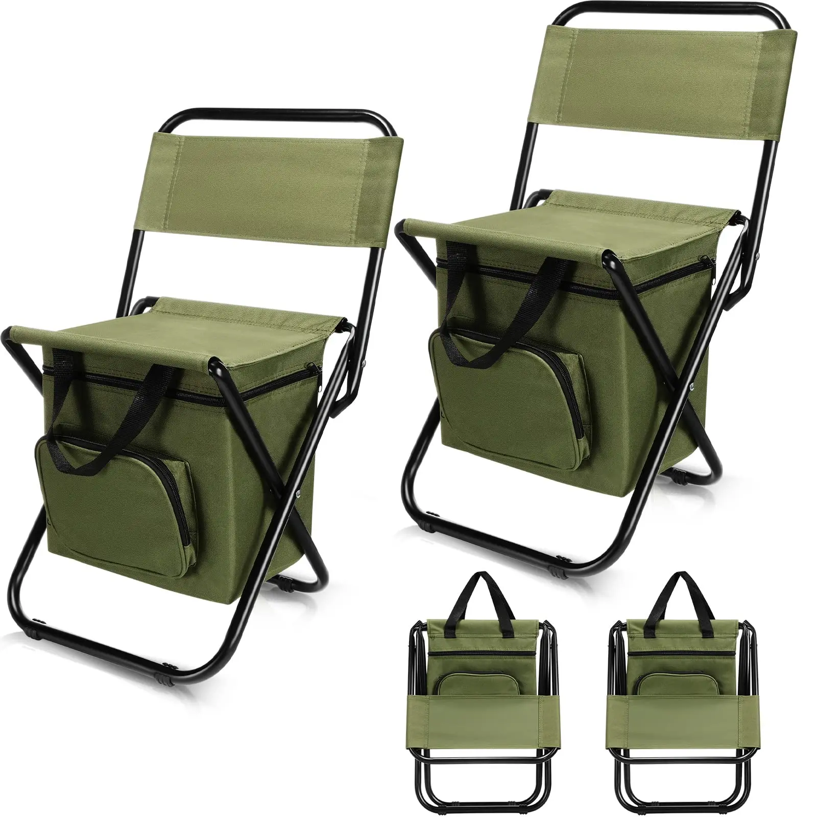 2Pcs Foldable Fishing Chair with Cooler Bag Portable Backrest Lightweight Outdoor Folding Chair，Fishing Hunting Camping Travel