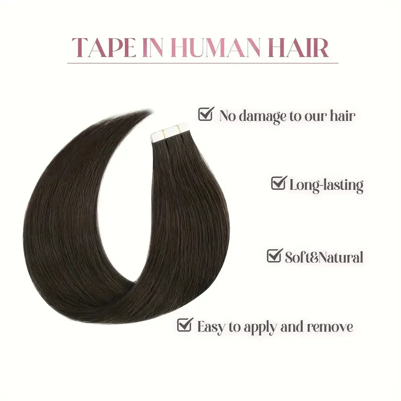 Alimice-Remy Straight Hair Extensions para mulheres, cabelo humano, fita invisível em # 1B, 50g, 20PCs