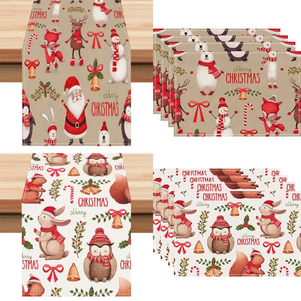 

10pcs Dining Room Table Runner Placemats Set Thick Winter Festival Polyester Printed Santa Claus Christmas Tree Snowman Patterns