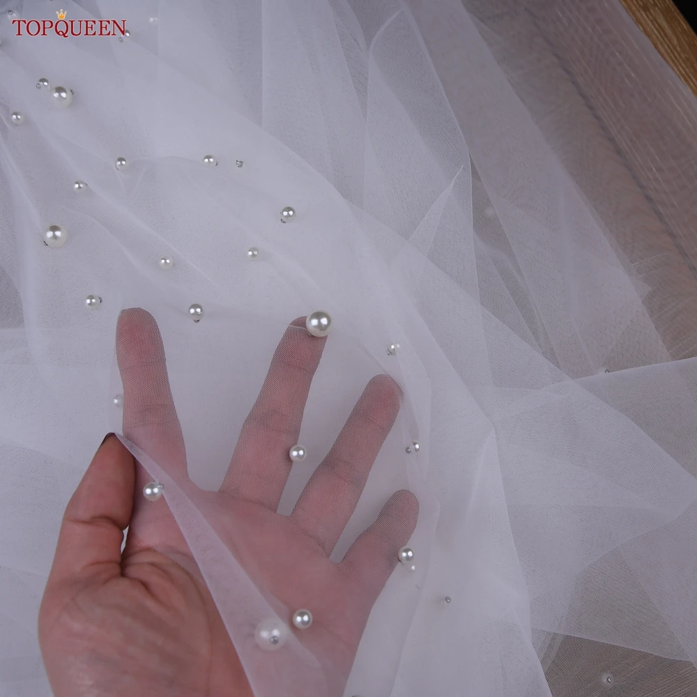 TOPQUEEN V145 Luxury Long Veil Cathedral Drop Wedding Veil with Pearls 5 Meters Wedding Veils Bridal Covers Cape Veil Off White