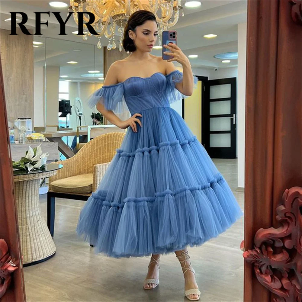 RFYR Tulle Off the Shoulder Evening Dress Sweetheart Short Sleeves Prom Gowns Wedding Guest Outfits Robes De Soirée Customized