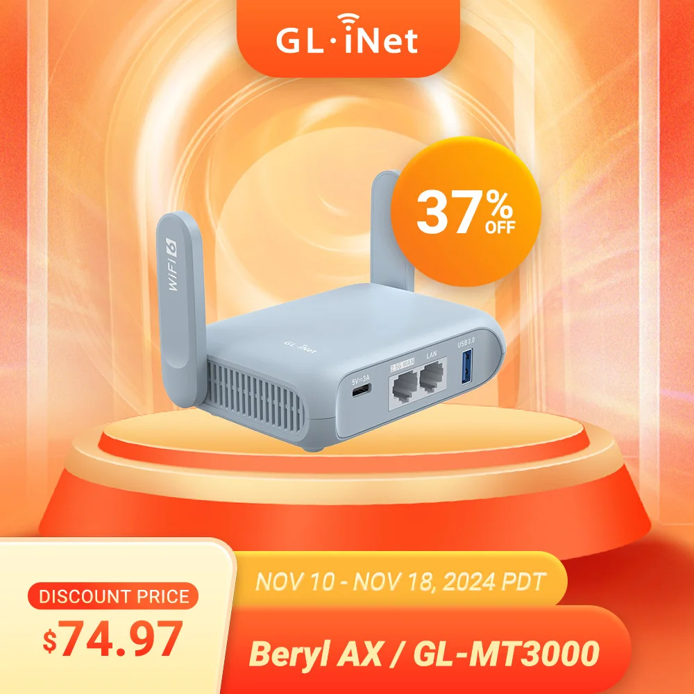 GL.iNet GL-MT3000 (Beryl AX) Wi-Fi 6 draadloze reis-Gigabit-router, Connect Public & Hotel Wi-Fi,