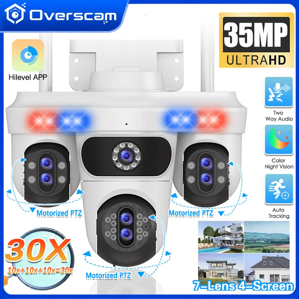 Caméra de sécurité extérieure WiFi 35MP à 7 objectifs, caméra IP PTZ avec vue sur 4 écrans, zoom 10X, suivi automatique, contrôle de la rotation et de l'inclinaison, connexion réseau sans fil pour la maison, la cour, le garage, la porte d'entrée, caméra de surveillance extérieure