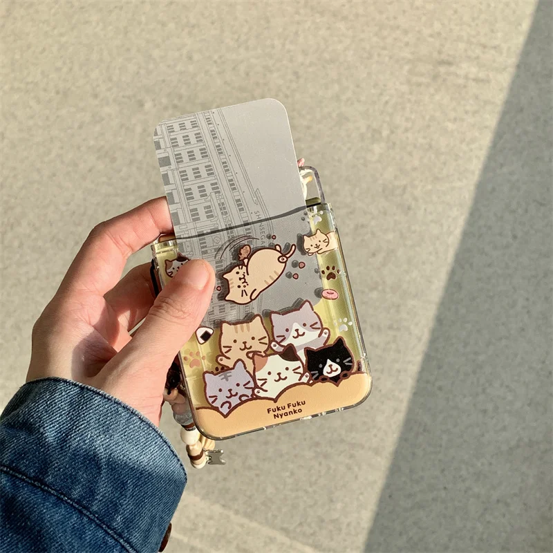 

Korean cute 3D Kitten with card slot folding phone case for Samsung Z Flip3 4 zflip5 flip6 Galaxy 5G Kawaii flip with chain