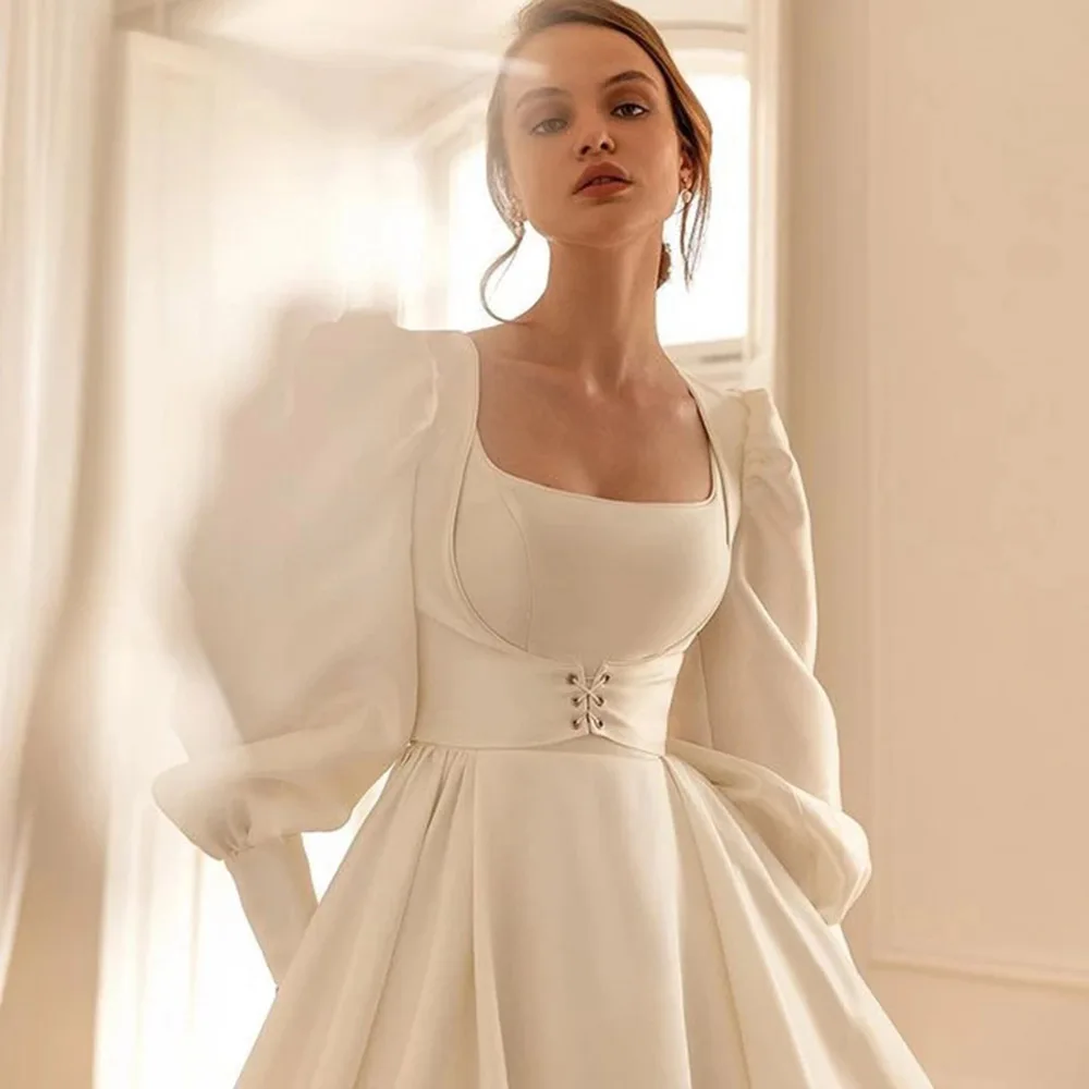 Customized Square Neck Wedding Dress Detachable Long Puffy Sleeves A Line Bridal Gown Lace Up Back Court Train Vestidos De Novia