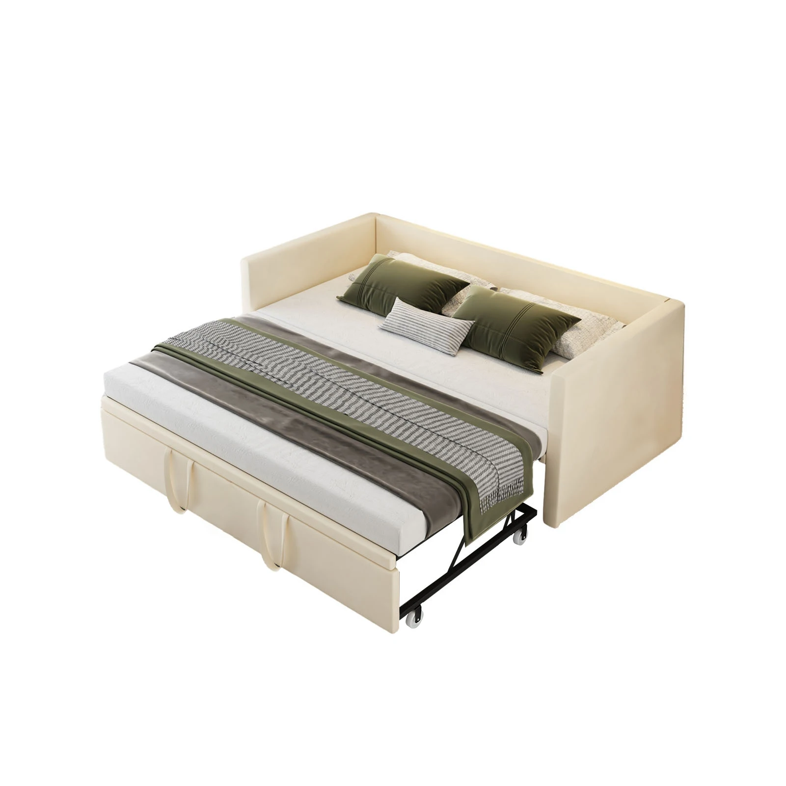 Schlafcouch Ausziehbar 90/180x200 cm, Tagesbett Polsterbett mit Gästebett, Doppelbett Samt Multifunktionsbett mit Lattenrost, Couch Bett 2 Sitzer für Erwachsene 2 Personen, Ohne Matratze, Beige