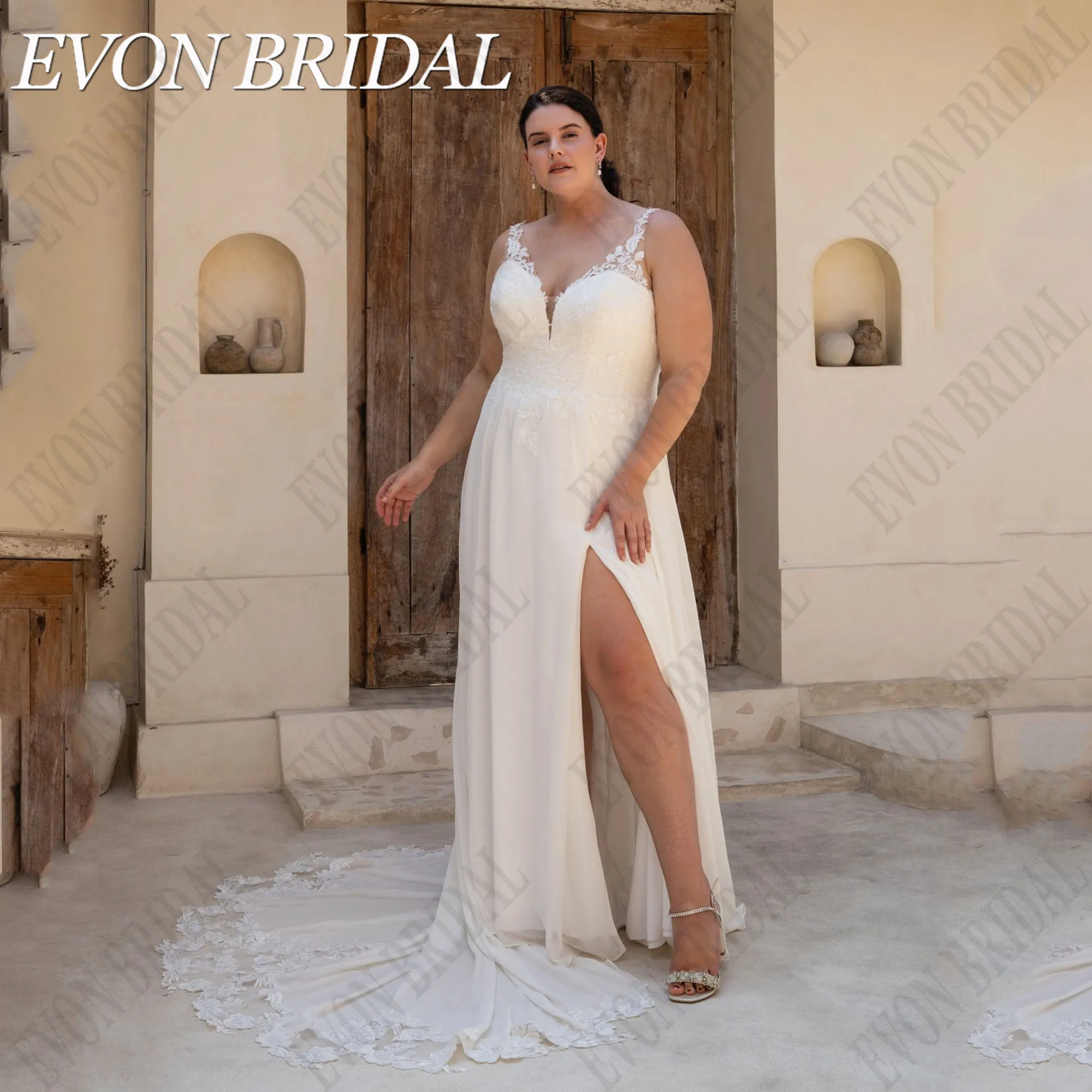 EVON BRIDAL Oversize Wedding Dress 2024 Bride Chiffon A-Line Sleeveless Brautkleid Bride Gowns Side Split Applique Lace V-Neck