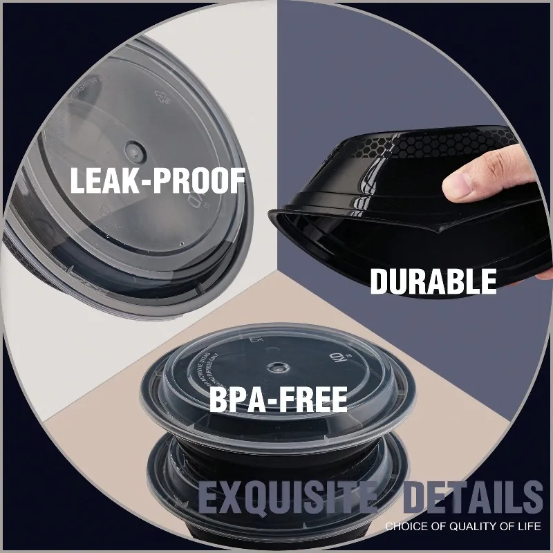 24oz 50Pack Black Round Meal Prep Containers With Lids, Food Storage Container, Disposable Plastic To Go Containers, Bento Box, Stackable, Leak-Proof, MicrowaveSafe, DishwasherSafe, Kitchen Organizers And Storage