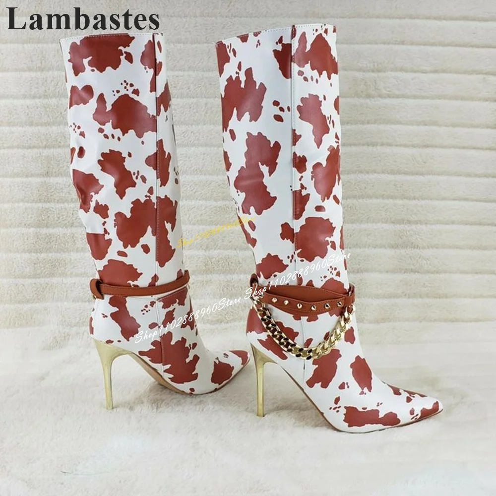 

Knee High Mixed Artificial Leather Cow Print Boots Thin High Heel Women Shoes Slip On Pointed Toe 2024 Fashion Zapatillas Mujer