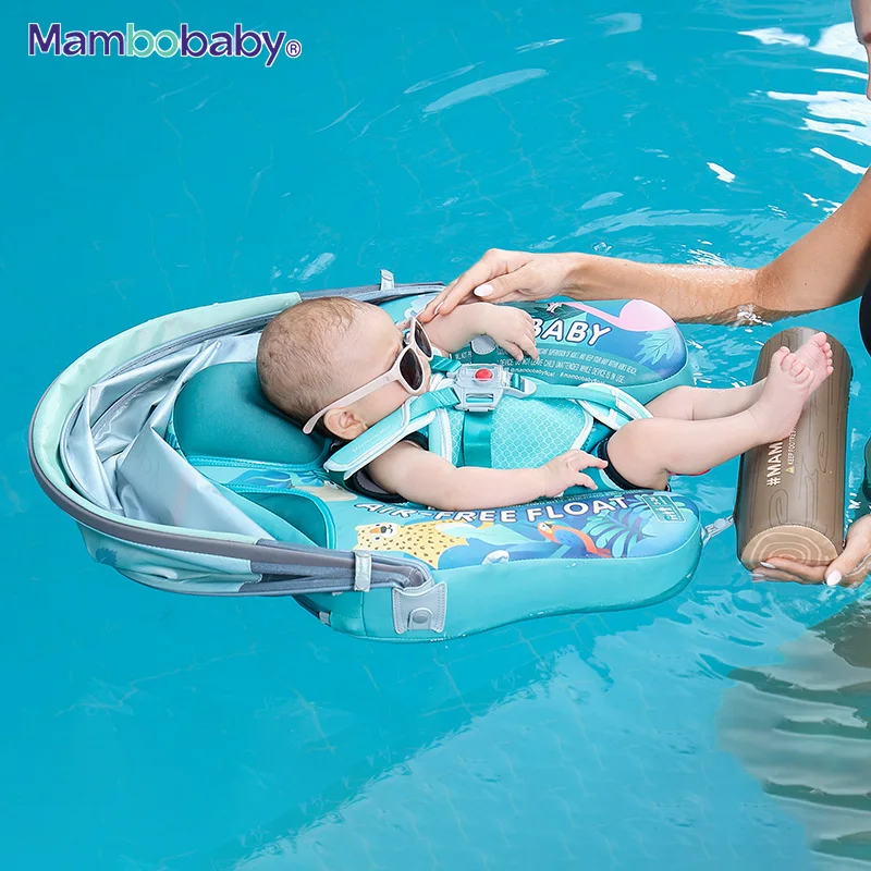 Mambobaby Baby Pool Float with Canopy & Tile Baby Swim Ring Infant Swimming Trainer Circle With Adjustable Strap for Boys Girls