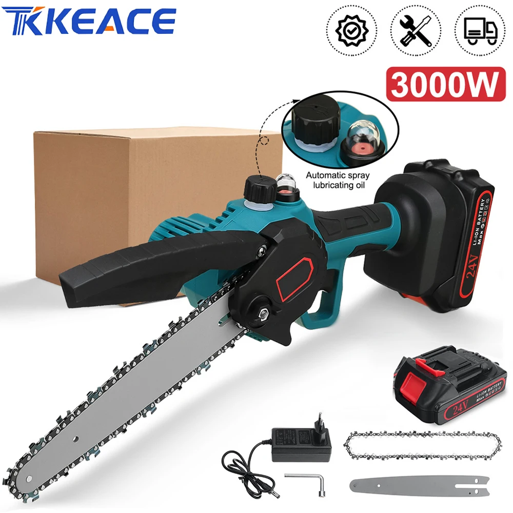 Scie à élaguer électrique TKKEACE 3000W 8 pouces avec graisseur, batterie au lithium, outils électriques pour le jardinage et le travail du bois