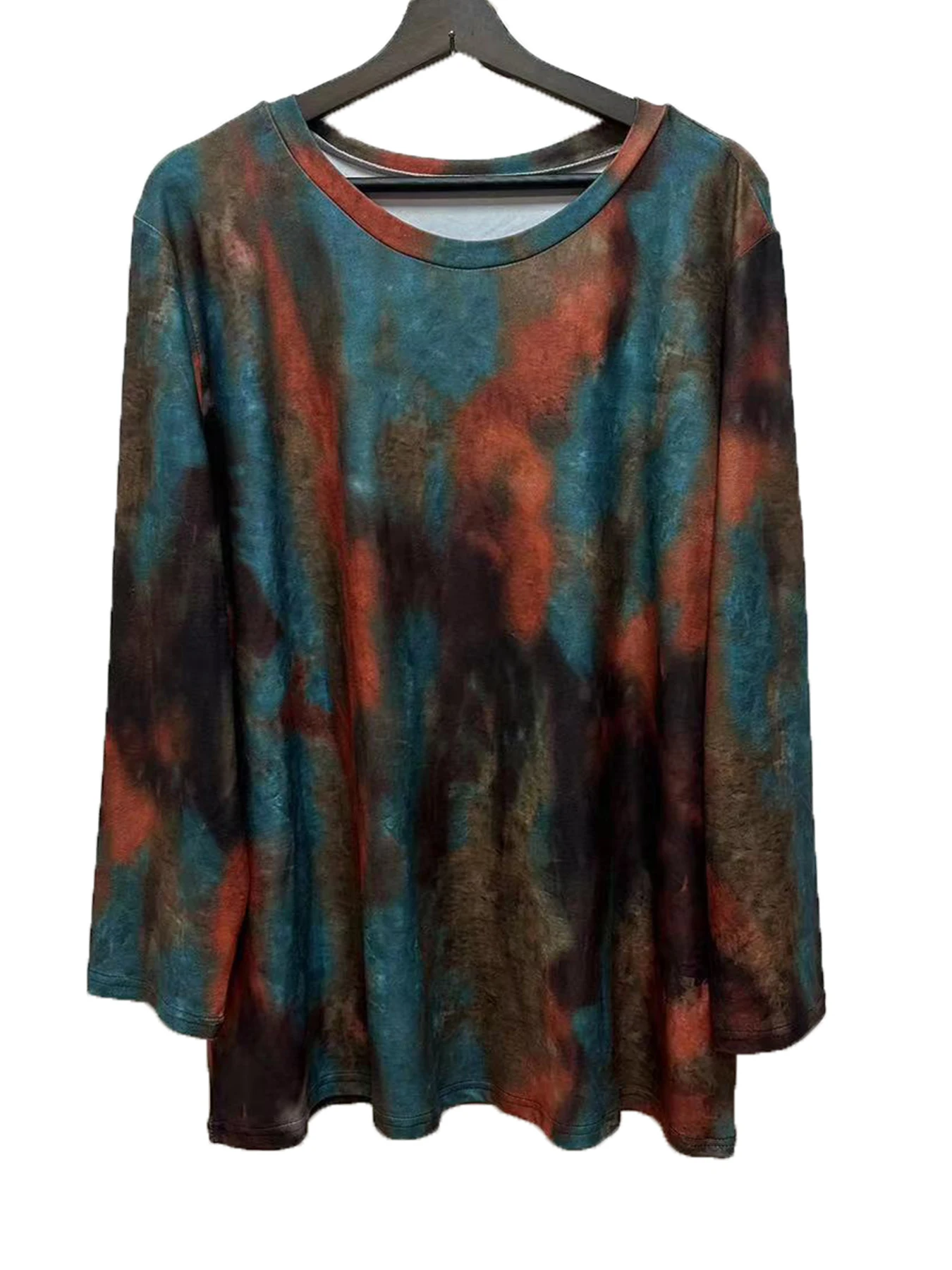 Plus Size Women's Casual T-shirt Tie Dye Long Sleeve Round Neck High Stretch T-shirt