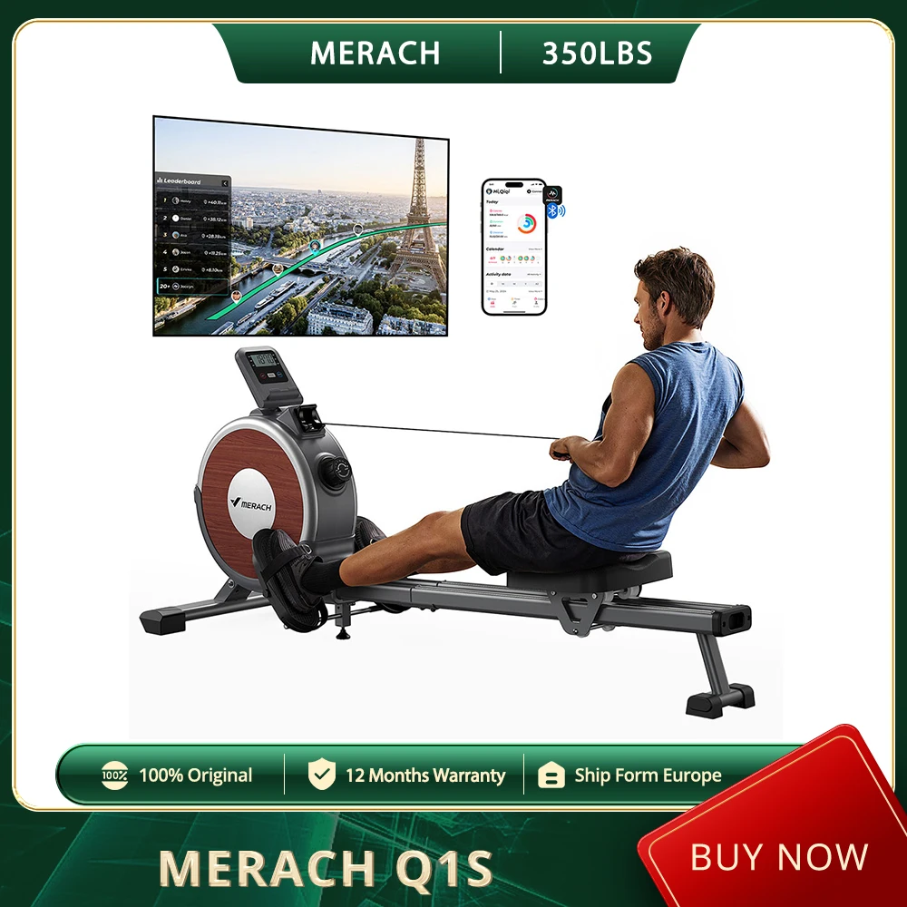 MERACH Q1S Magnetisches Rudergerät, 16-stufiger Widerstand, 350 Pfund Kapazität, Dual-Schiene, LCD-Monitor, kostenlose MERACH-APP, platzsparend
