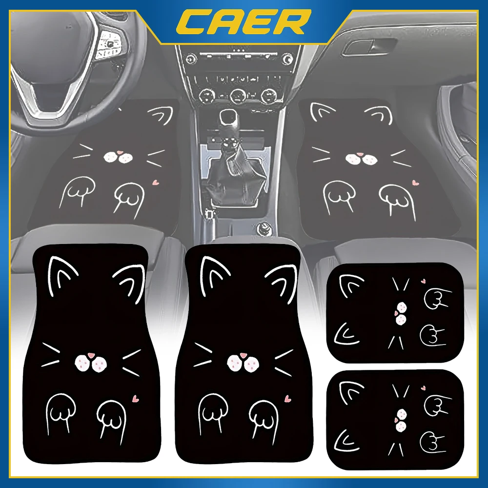 4 pieces of cute cartoon cat printed car mats, suitable for the front and rear seats of most cars, sedans, SUVs and trucks